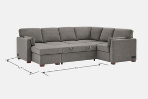 Gray sectional sofa with dimensions on a white background