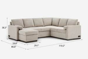 Beige Element Full-Size Sleeper Sectional with dimensions labeled on a white background