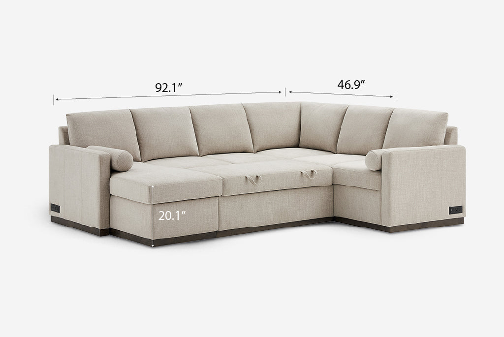 Beige Element Full-Size Sleeper Sectional with dimensions labeled on a white background