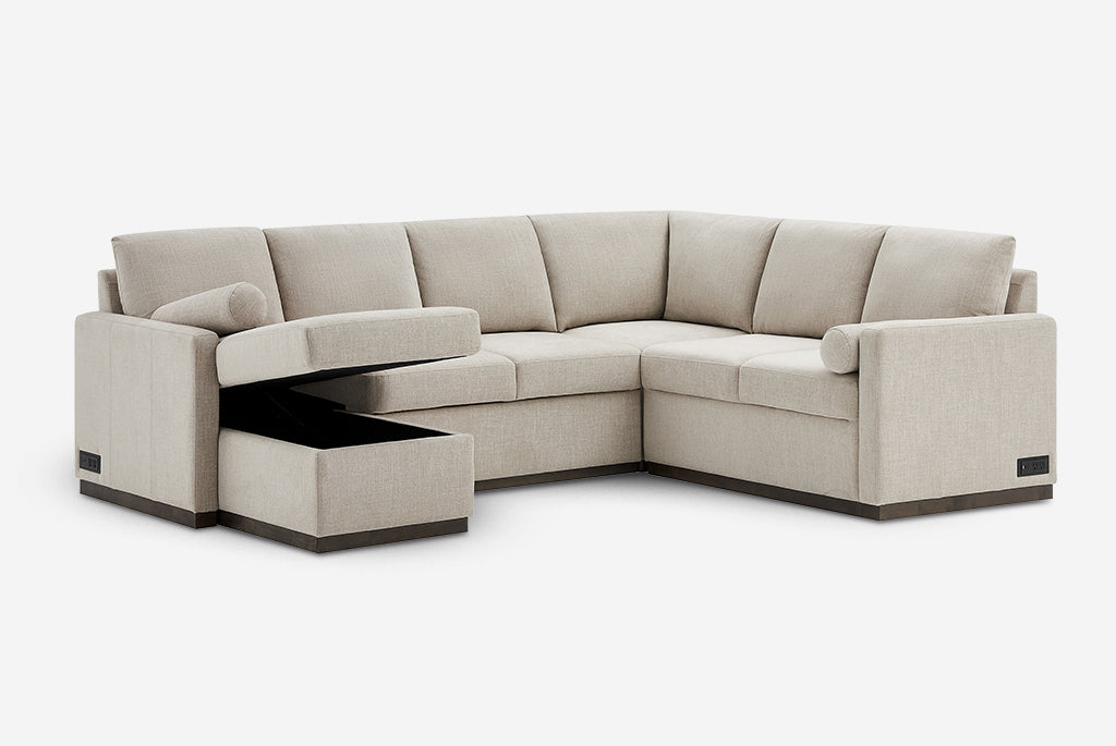 Beige Element Full-Size Sleeper Sectional with Storage Chaise on a white background