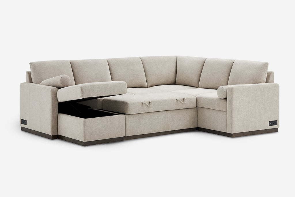 Beige Element Full-Size Sleeper Sectional with Storage Chaise with storage drawers on a white background