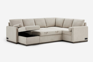 Beige Element Full-Size Sleeper Sectional with Storage Chaise with storage drawers on a white background
