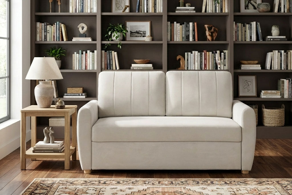 Beige Coddle sofa in a room with bookshelves and a lamp