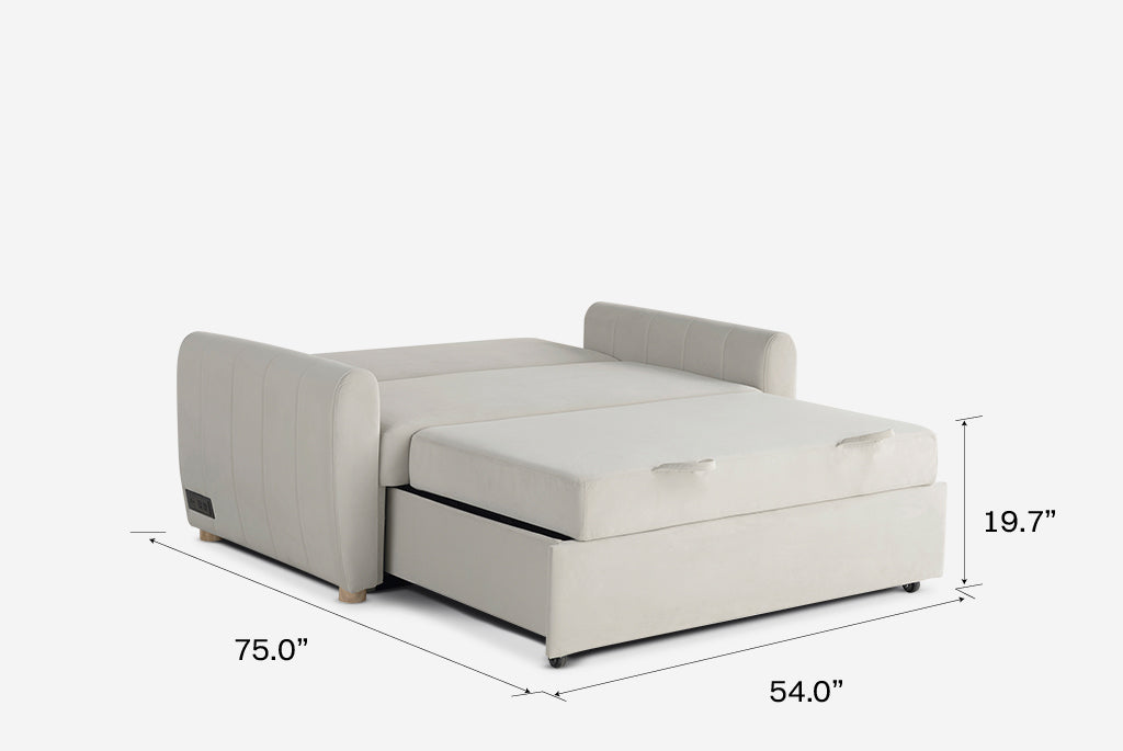 Gray Coddle sofa bed with dimensions labeled on a white background