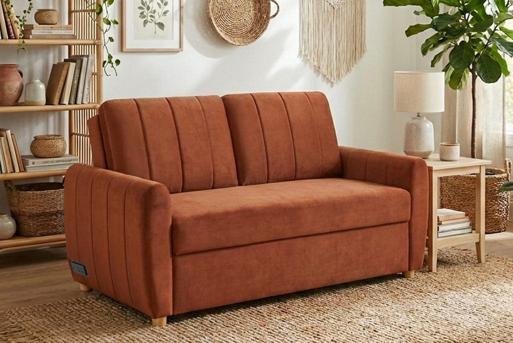 Rust colored Coddle sofa in a living room setting with books, plants, and decor