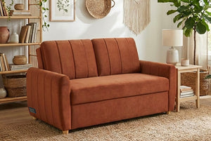 Rust colored Coddle sofa in a living room setting with books, plants, and decor