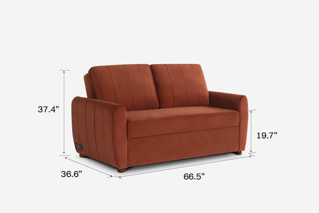 Rust colored Coddle sofa with dimensions labeled on a white background