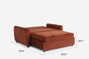 Rust colored Coddle sofa bed with dimensions labeled on a white background