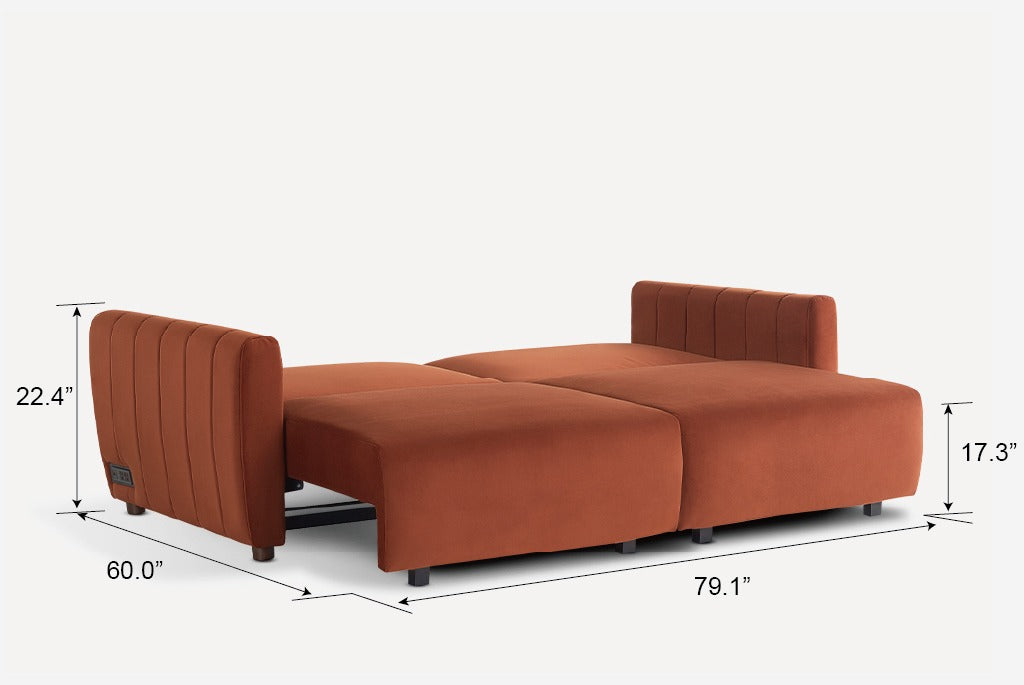 Rust Colored Galaxy Queen Sleeper Sofa - Folded with Dimensions Shown