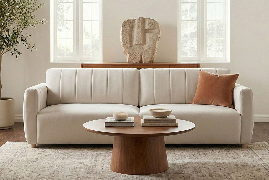 Beige Galaxy Queen Sleeper Sofa in a living room with a wooden coffee table and decorative items