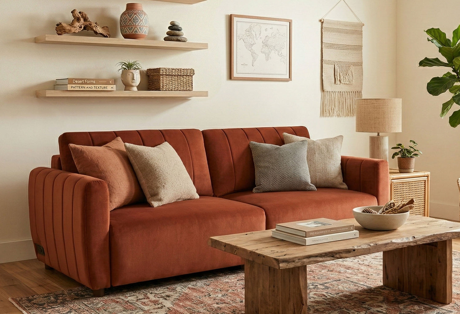 Cozy living room with a Rust Colored Galaxy Queen Sleeper Sofa, wooden coffee table, and decorative items