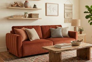 Cozy living room with a Rust Colored Galaxy Queen Sleeper Sofa, wooden coffee table, and decorative items