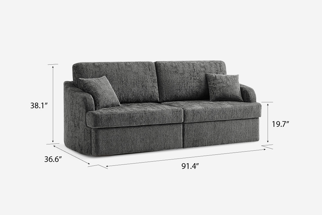 Gray Matrix Queen-Sized Sleeper Sofa with dimensions labeled on a white background