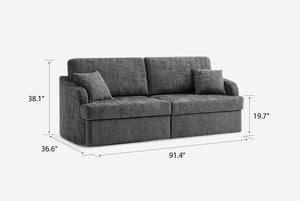 Gray Matrix Queen-Sized Sleeper Sofa with dimensions labeled on a white background