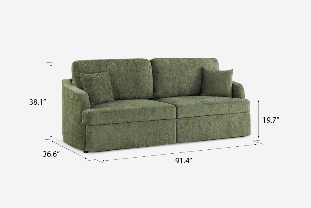 Green Coddle sofa with dimensions labeled on a white background