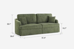 Green Coddle sofa with dimensions labeled on a white background