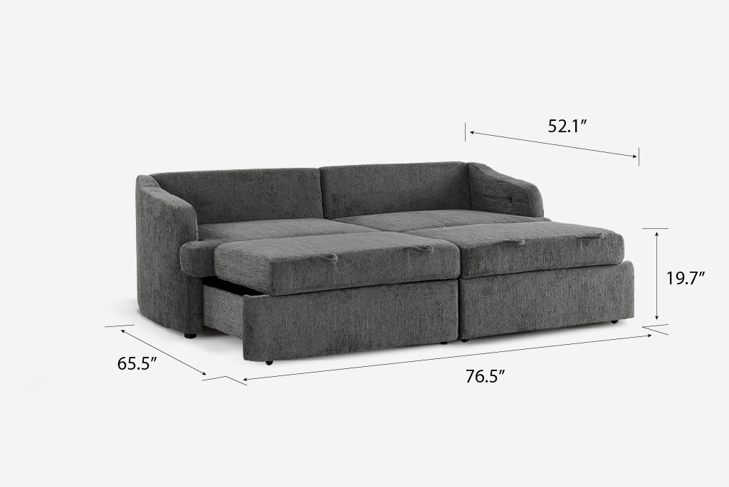 Gray Coddle Matrix Queen-Sized Sleeper Sofa with dimensions labeled on a white background