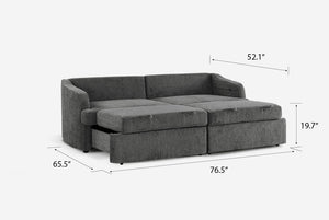 Gray Coddle Matrix Queen-Sized Sleeper Sofa with dimensions labeled on a white background