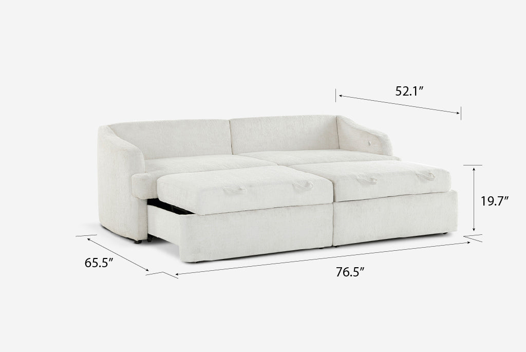 White Coddle sectional sofa with dimensions labeled on a white background