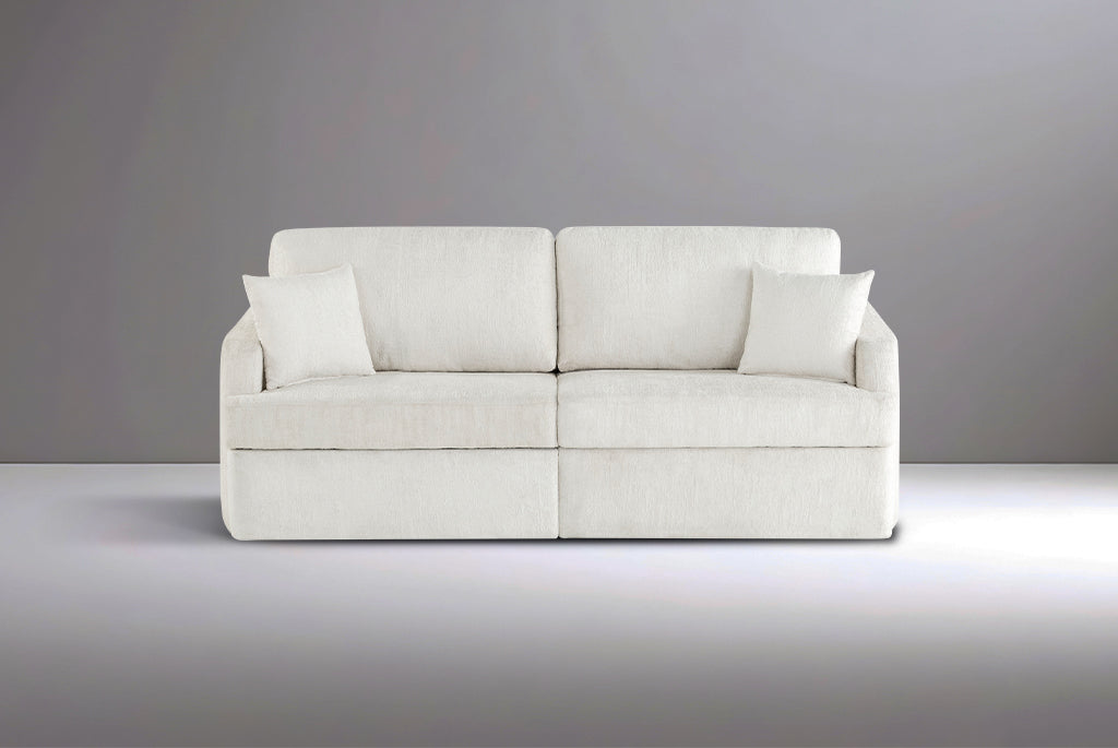 White Matrix Queen-Sized Sleeper Sofa with cushions on a gray background
