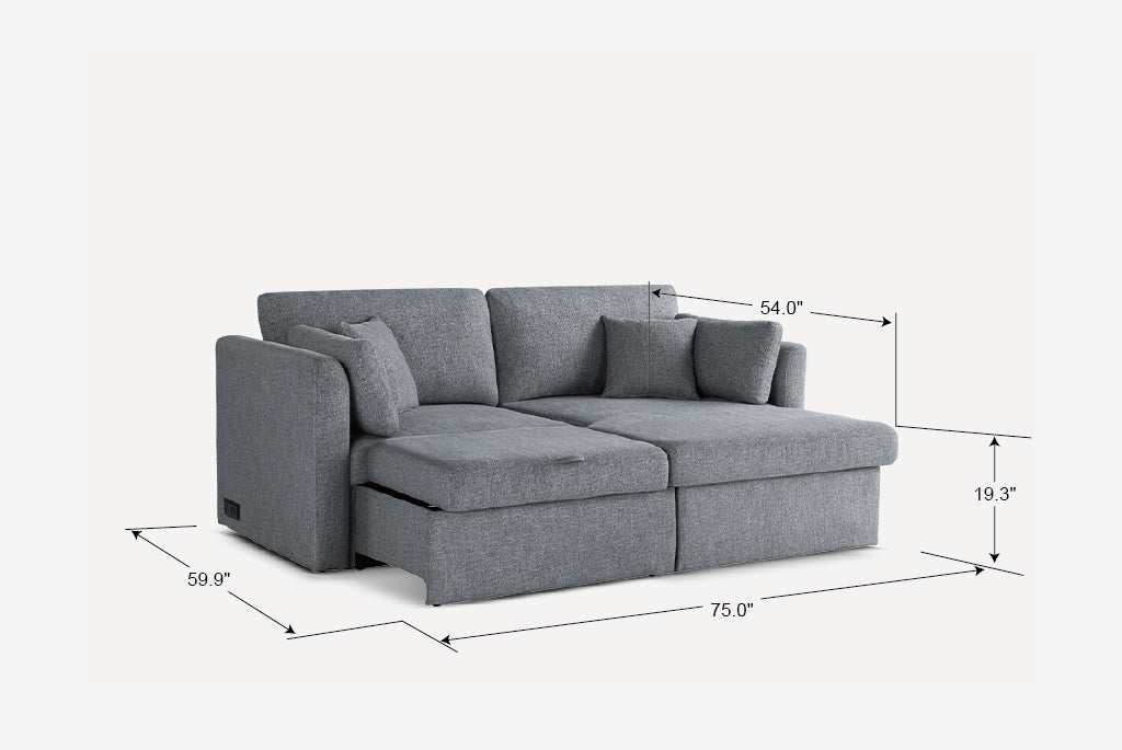 Gray Coddle sectional sofa with dimensions marked on a white background
