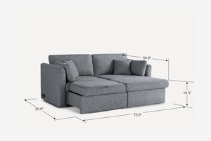 Gray Coddle sectional sofa with dimensions marked on a white background