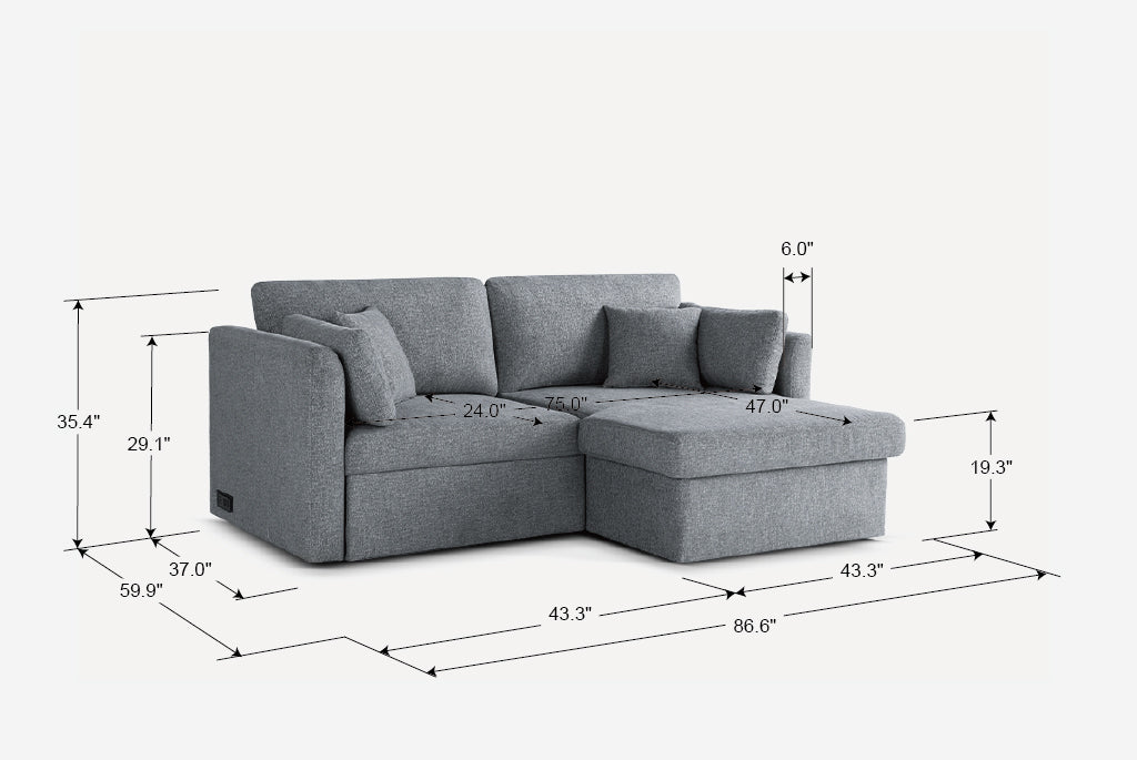 Gray Coddle sectional sofa with dimensions on a white background